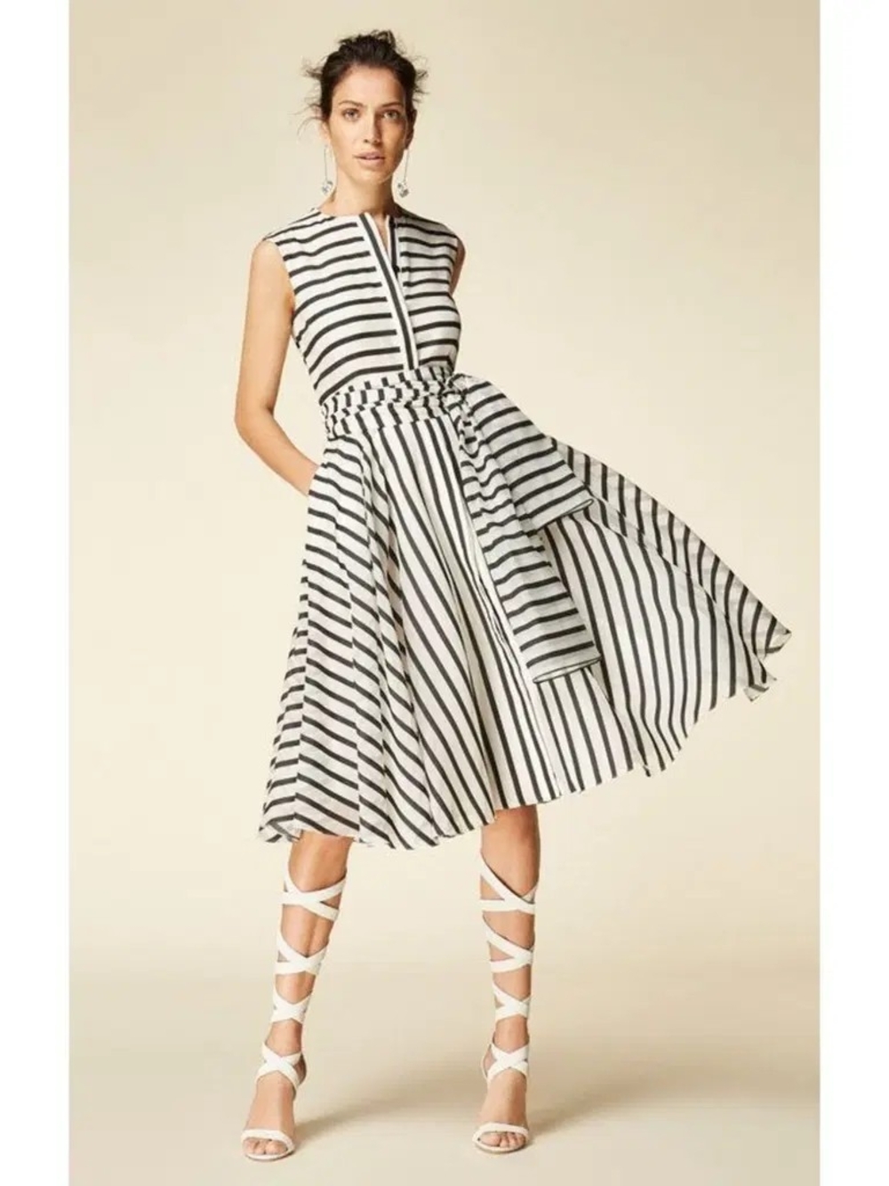 Carolina Herrera Black and White Striped Midi Dress with Waist Sash